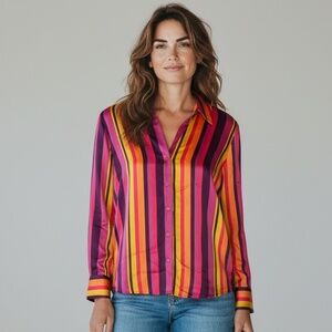 Hailie Stripe Silk Blouse by L'AGENCE Size M French California Multicolor